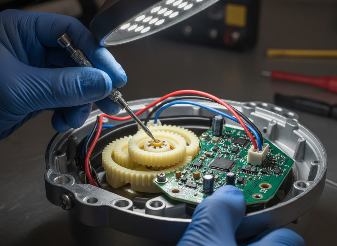 Technician diagnosing garage door opener